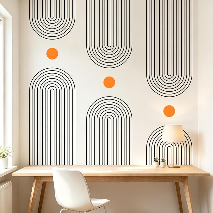 Minimalist Line Arch Orange Dot Boho Removable Wall Decals Decor Stickers | Mid-century modern black abstract geometric peel and stick removable vinyl wall murals art for bedroom living room office - Image 5