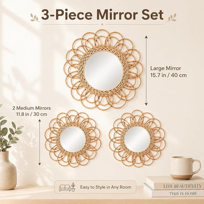 Vercraft 3 Pack Boho Rattan Mirror Wall Hanging Wicker Flower Decor - Image 2