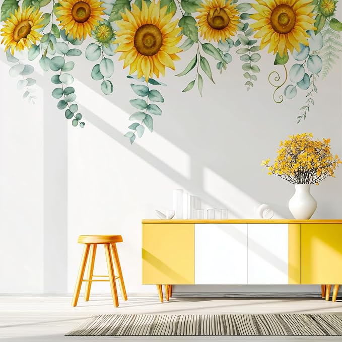 Sunflowers Floral Wall Decals Peel and Stick, Large Floral Flowers Wall Stickers, Removable Vine Home Decor Art for Bedroom Living Room Classroom Office by VePret