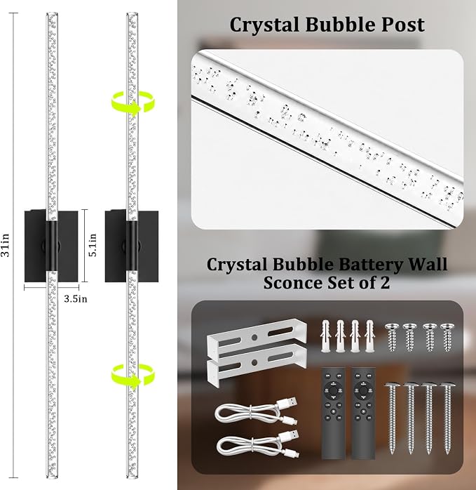 iThird Battery Operated Wall Sconces Set of 2, 10000mAh, Black Bubble | wireless crystal wall lights rechargeable with Remote & 360° Rotate, 31.5" Wall Lamp for Bedroom Living Room Mirror - Image 3