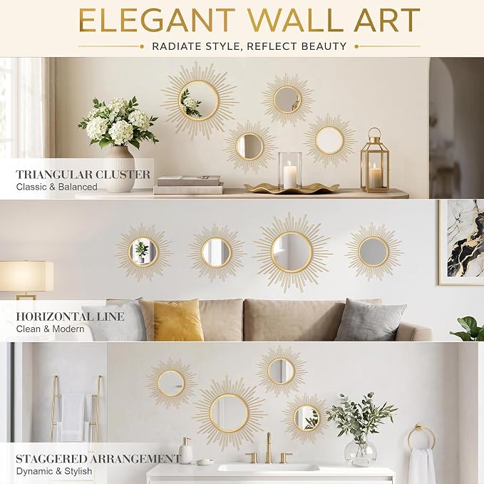 4 Pieces Gold Sunburst Wall Mirror Set Modern Metal Circles for Home Decor - Image 7