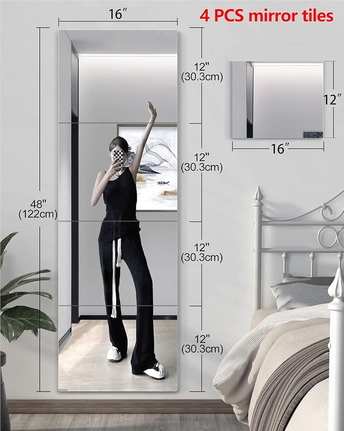 Shatterproof Wall Mirror Full Length for Bedroom, Acrylic Gym Mirrors For Home, Extra Thick : 0.12 Inch, 4 PCS x 16 x 12 Inches, Workout Mirrors Safe for Kids, Over The Door, Long Wall Mounted Mirror - Image 2