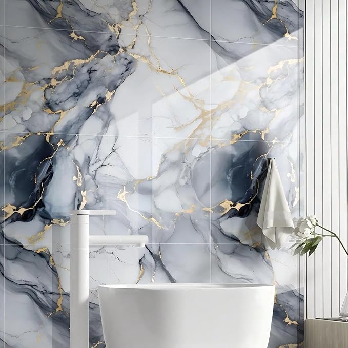 Chejiaye Peel and Stick Marble Wall Panels 11.8"x11.8"- Waterproof Self-Adhesive for Interior Wall Decor,PVC Foam Backsplash Tile for Kitchen,Bathroom,Bedroom,Blue&Gold(Not Real Tile,10PCS) - Image 8
