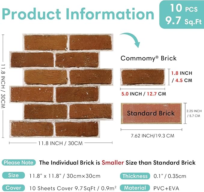 Commomy Faux Brick Wall Panels Peel and Stick Thin PVC 10 Pcs 11.8" x 11.8" | Small Size Thin PVC Quick Wall Covering Home Decor for Kitchen,Fireplace,Home Office (Covers 9.7 sq.ft) - Image 6