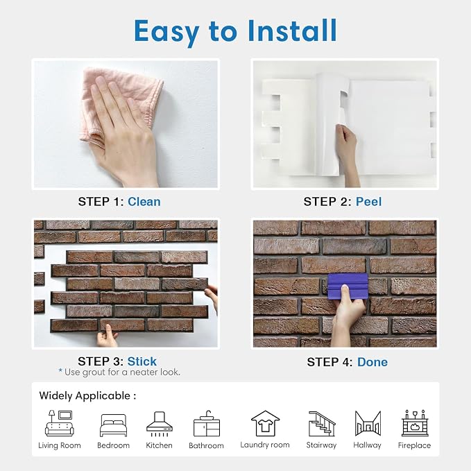 COMSTICKC 3D Brown Faux Brick Wall Panel Peel and Stick Wall Covering | 12 Pcs of 22.8" x 11.8", Not Real Brick, UrltraLight PVC Self Adhesive Brick Decorative Tile Interior, Covers 22.48 sq.ft - Image 8