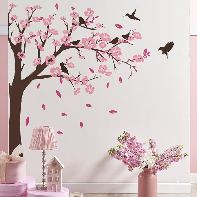 Pink Flower Tree Wall Stickers, Removable DIY Romantic Peach Blossom Tree Wall Murals Peel and Stick 3D Wall Art Stickers Murals Home Decor for Gilrs Bedroom Nursery Rooms Living Room - Image 6