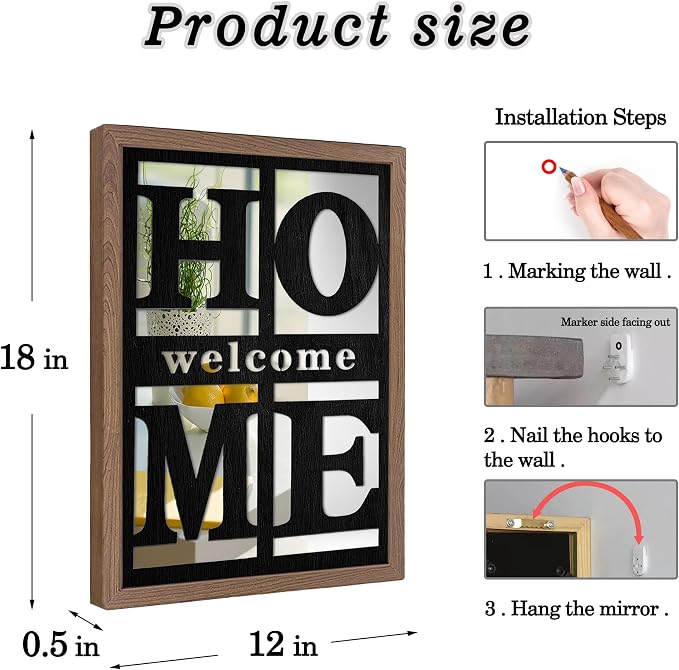 Welcome Home Signs Wall Decor, Wooden Rustic Farmhouse Square Wall Mirror，Accent Mirror for Living Room, Bedroom, Entryway 18”x12” - Image 3