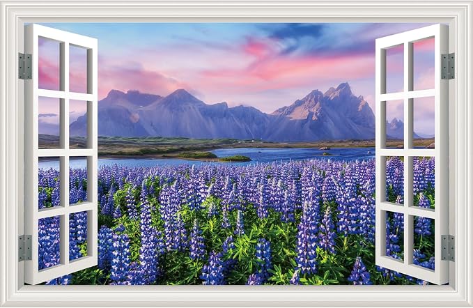 Fake Window Wall Decal- Mountain Lake Lavender Flower Open Wall Art Sticker | Faux Window Natural Scenery Landscape Mural｜Stick and Peel Wall Decals｜for Home Office Scene Decor｜48"x32",Set of 2 Sheets by Clickhere