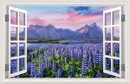 Fake Window Wall Decal- Mountain Lake Lavender Flower Open Wall Art Sticker | Faux Window Natural Scenery Landscape Mural｜Stick and Peel Wall Decals｜for Home Office Scene Decor｜48"x32",Set of 2 Sheets by Clickhere