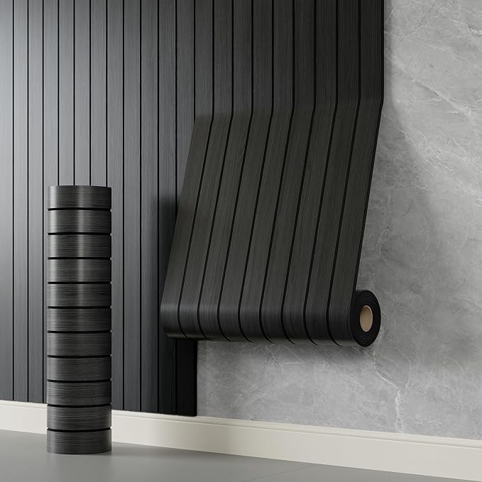 YLL YLL PVC Slat Wall Panel Peel and Stick 118"x 15.7" Faux Black Wood Grain Slat Panel Self-Adhesive Wallpaper Soundproof 3D Wall Panels by YLLYLL