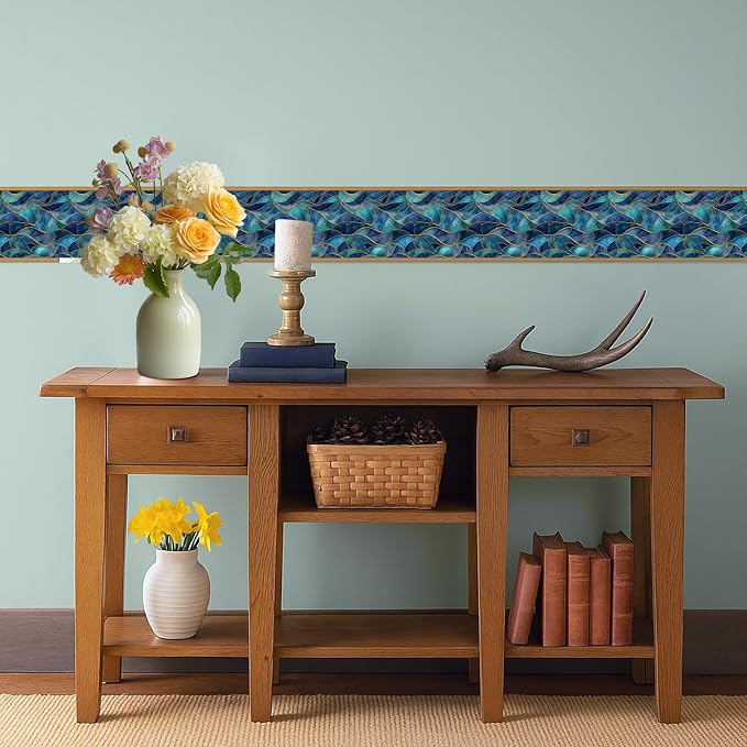 Blue Geometric Mosaic Wallpaper Border 196x4 Inch Peel and Stick Wall Border Removable Vinyl Wall Trim Modern Pattern for Kitchen Bathroom Laundry Room Home Decor - Image 6