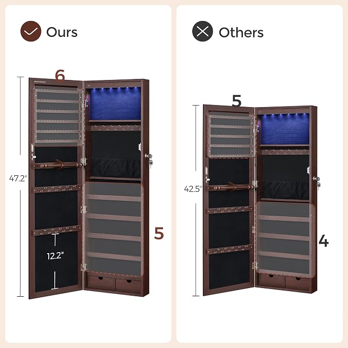 SONGMICS 6 LEDs Mirror Jewelry Cabinet, 47.2-Inch Tall, Lockable - Image 7
