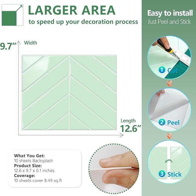 STICKGOO Herringbone Peel and Stick Backsplash, Light Green, 10 Sheets | 12.6 x 9.7 in, Thicker Rectangular Vinyl Stick-On Wall Tiles, Easy Alignment, Waterproof, Easy to Clean, Kitchen/Bathroom - Image 6