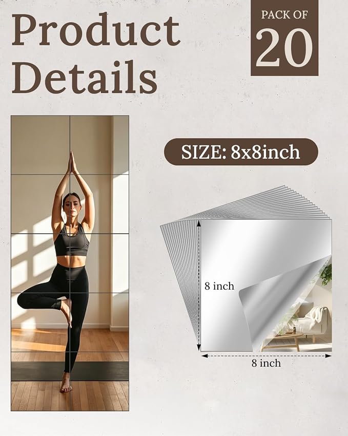 20 Pack Peel and Stick Mirror Tiles, 8x8 Inch Shatterproof Flexible Stick on Mirrors for Wall Self-Adhesive Sticker for Bedroom, Door, Bathroom, and Dance Studio Installation - Image 2