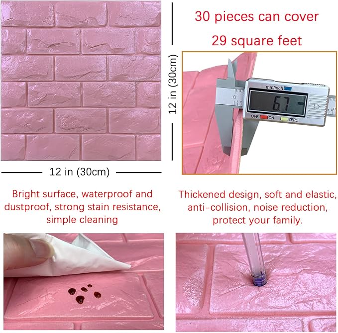 30PCS 3D Wall Panels Peel and Stick Faux Brick Wallpaper Pink Self Adhesive Foam Brick Paneling Faux Stone Wall Panels (30PCS, Pink) - Image 5