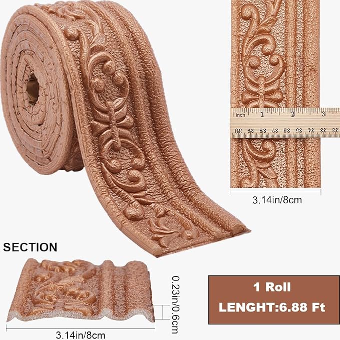 CRASPIRE 82.5 x 3 Inch Brown Crown Molding Peel and Stick Self Adhesive Flexible Foam Trim 3D Sticky Decorative Wallpaper Border Wall Edging Foam Baseboard Mirror Border Wall Lines Hotel DIY Decor - Image 2