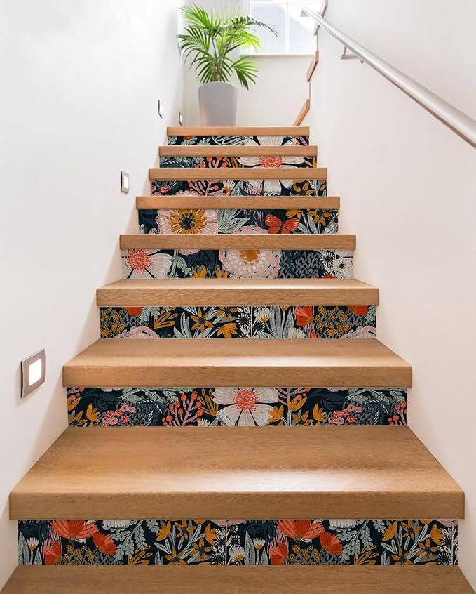 HAOKHOME Floral Wallpaper Peel and Stick Boho Pink Bathroom Contact Paper | Textured Navy Blue Orange Stick on Wall Paper Botanical Renter Friendly Removable Flower Bedroom Accent Decor 17.3in x 9.8ft - Image 5