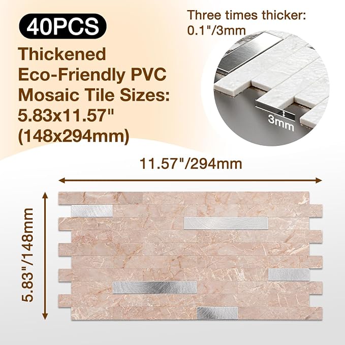 Peel and Stick Backsplash Tile Waterproof Removable PVC Wall Sticker 3D Faux Stone Marble Brick White Accent Panels (Pink Marble - Metal Silver, 40 Tiles - 18 sq. ft. (1.68 m²)) - Image 3