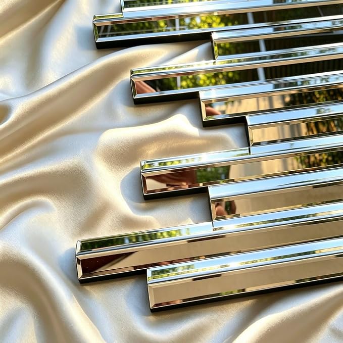 Modern 3 Pack 28x8 Staggered 3D Silver Mirror Wall Set Mirror Decor - Image 2