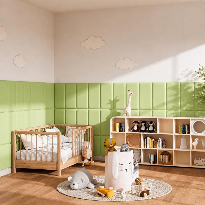 Anti Collision Wall Padding for Kids, Upholstered 3D Wall Panels | 4 Packs 7.8'' x 15.7'' Peel and Stick Headboard, Self Adhesive Wall Pads for Kids, Bedroom, Living Room, Grass Green - Image 5