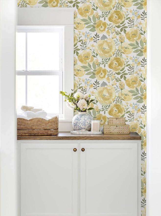 Orainege Peel and Stick Wallpaper Floral Wallpaper for Bedroom Yellow | 16.9inx118.1in Self Adhesive Wallpaper Contact Paper Decorative Wall Paper for Living Room Bathroom Decor Vinyl Removable - Image 3