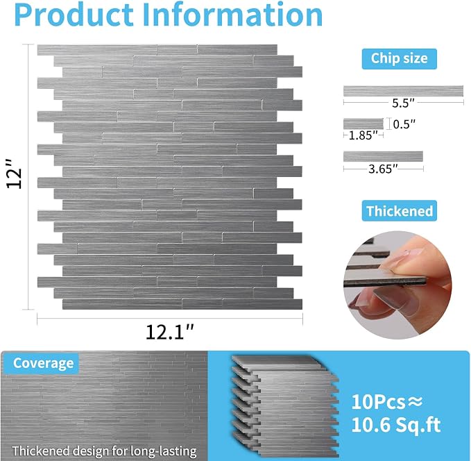 Art3d 10-Pack Metal Peel and Stick Backsplash Tile, Silver Parallel | 12" x 12", Stainless Steel, Self Adhesive, Anti-Corrosion, Waterproof, Lightweight, Ideal for Kitchens, Bathrooms - Image 6