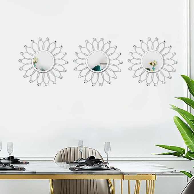 3 Pack Metal Mirrors for Wall Sunburst Wall Mirrors Home Décor Decorative Hanging Wall Art for Living Room Bedroom Entryway (Silver Crystal, Flowers) - Image 7