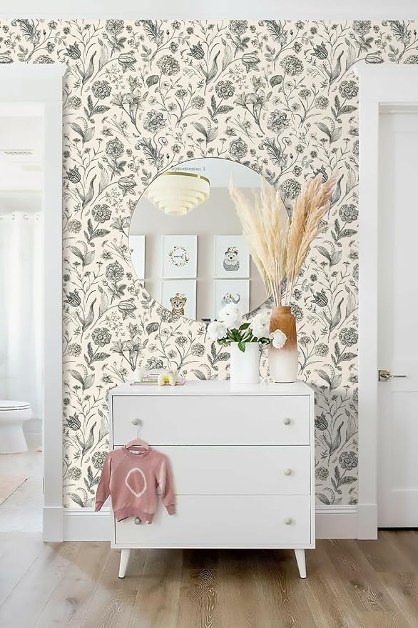 Beige and Black Floral Peel and Stick Wallpaper Floral 17in x 393in | Botanical Wallpaper Vintage Contact Paper Black Flower Removable Wall Paper for Bathroom Bedroom Boho Self Adhesive Vinyl - Image 8