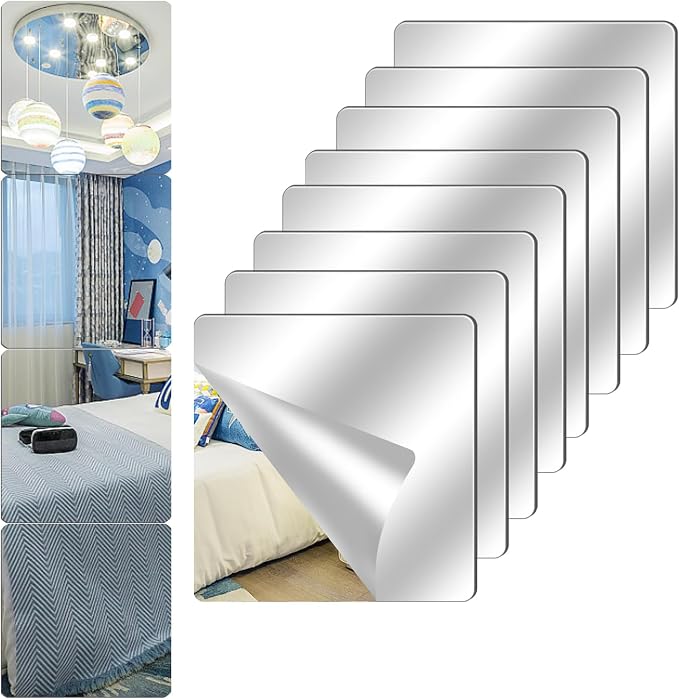 8 Pack Acrylic Mirrors for Wall,8" x 8" Self Adhesive Frameless Small Mirror Tiles, Flexible Plastic Mirror Sheets for Home Wall Decor Bedroom Gym DIY (8, 8" x 8") by Unknown