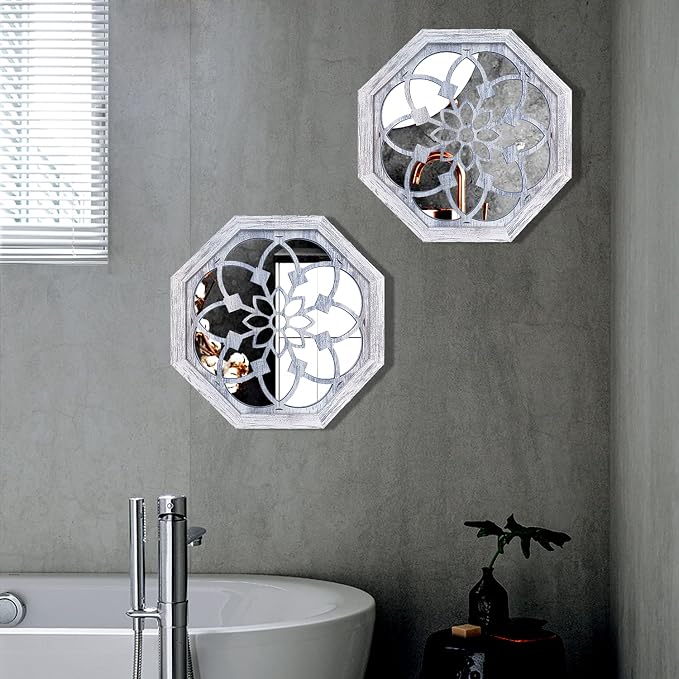 ZOLAPI 2 PCS Octagon Wall-Mounted Mirrors,Vintage Farmhouse Mirror for Wall Decor,Rustic White Color Decorative Accent Mirror for Foyer, Bathroom, Bedroom. (12”x12”) - Image 3