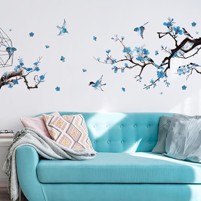 Zonon 6 Pcs Flower Wall Decals Peel and Stick Sticker, Birds | Vinyl Removable Wall Stickers & Mural, Branch and Bird Wall Decals, Blue Chinoiserie Floral Decor for Bedroom, Living Room - Image 2