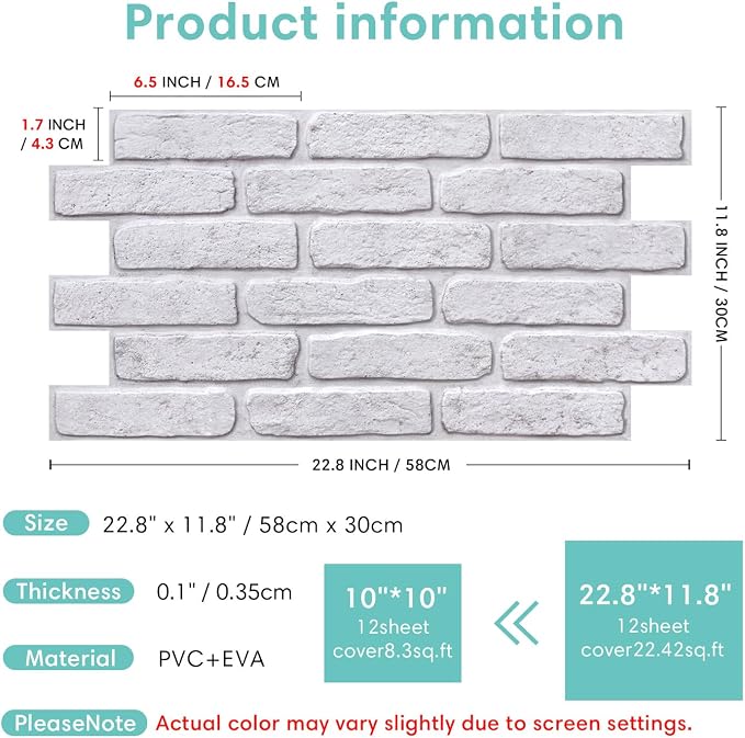 Commomy Faux Brick 3D Wall Panels - Not Real Brick 12 pcs of 22.8" x 11.8" | 22.8" x 11.8" Peel and Stick Tile Whitewash Brick Textured for Kitchen,Bedroom, Living Room（Covers 22.48 sq.ft） - Image 6