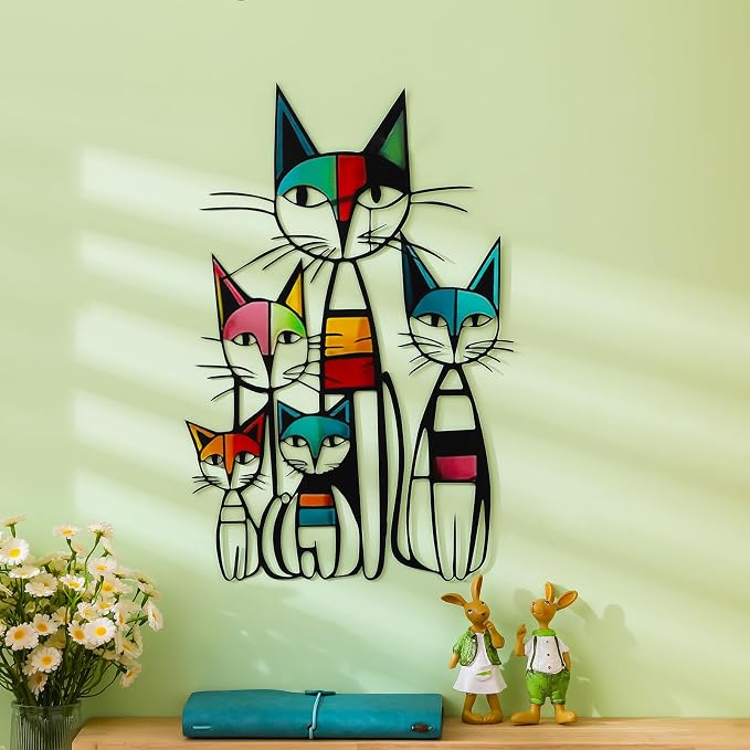Wesiti Metal Cat Wall Art, Colorful Mid Century Iron Sculpture 10.6x15.7 | Black Metal Frame, Geometric Cats, Ideal for Room Decor, Living Room Bedroom Kitchen Office, Cat Lover Gift Pictures - Image 3