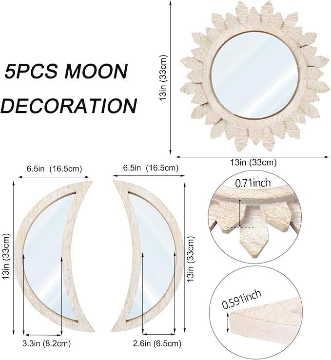 5 Pieces Moon Phase Mirror Wall-Mounted Wall Decor Mirrors Natural Wooden Sunburst Bohemian Wall Art for Home Living Room Bedroom Decoration - Image 3