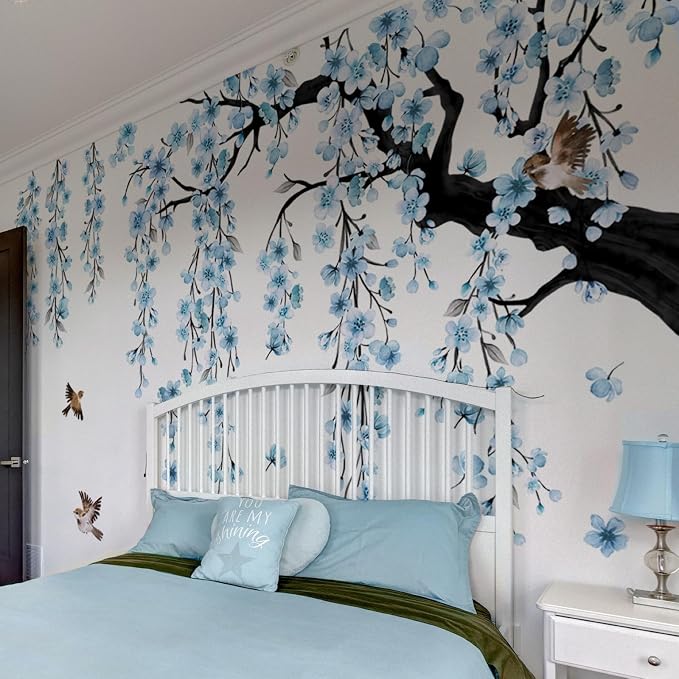 Lilac 4 Sheets Large Blue Cherry Blossom Tree Wall Stickers | Spring Blue Flower Bird Wall Decals Waterproof Wall Murals Decor for Living Room Bedroom (Blue, 11.8 * 35.4inch) by Lilacanthara