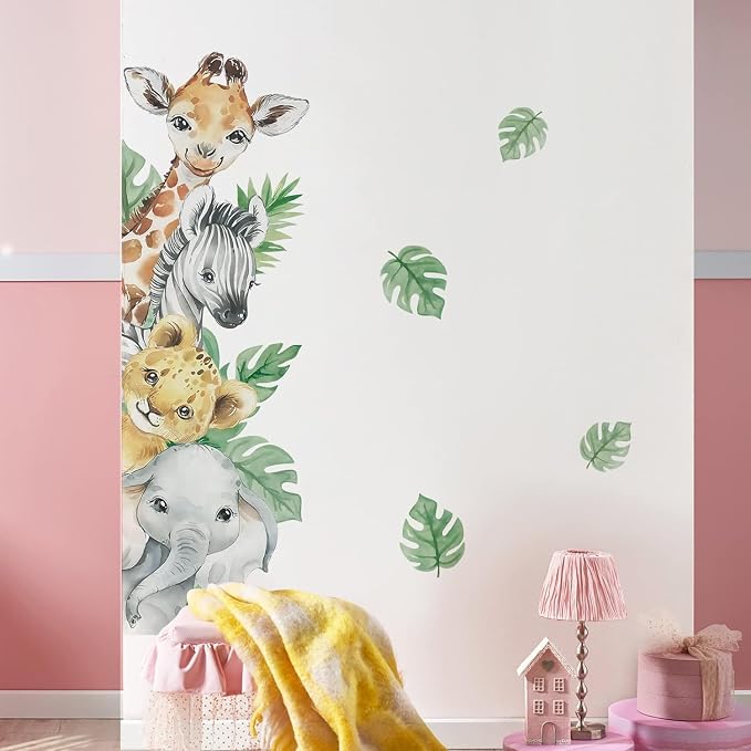 Supzone Jungle Animal Wall Stickers - Cartoon Animal Wall Decals with Giraffe, Zebra, Elephant & Green Leaves - Wall Art Stickers for Kids, Baby Nursery, Bedroom, Playroom & Kindergarten Decor - Image 6
