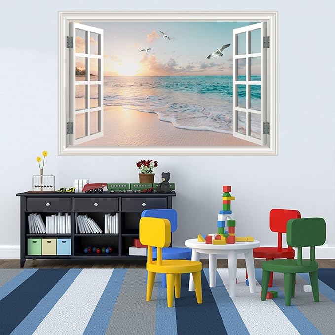 Fake Window Wall Mural Sticker -Summer Sunset Beach Open Wall Art Decal | Faux Window Natural Scenery Landscape Decorations｜Stick and Peel Wall Decals｜Room Bedroom Office Decor｜48"x32"Set of 2 Sheets - Image 6