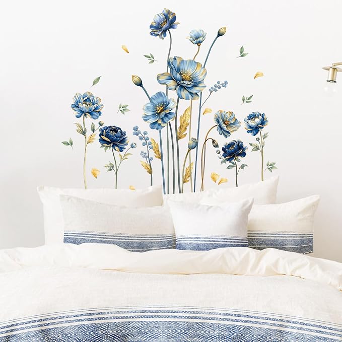 LHIUEM Blooming Golden Leaves Blue Flowers Wall Stickers 39”x12” Large Floral Peel and Stick Wall Decals Removable Bright Wildflower Wall Decals for Bathroom Living Room Window Bedroom - Image 3