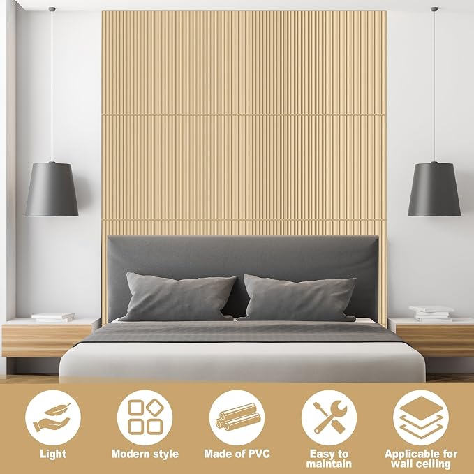 Nuanchu 18 Pack 4x2 FT 3D Slat Wall Panels Large PVC Fluted Panel Decorative Cuttable Glue up Drop Ceiling Tiles for Interior Wall Art Living Room Bedroom Bathroom TV Background Studio(Oak) - Image 4