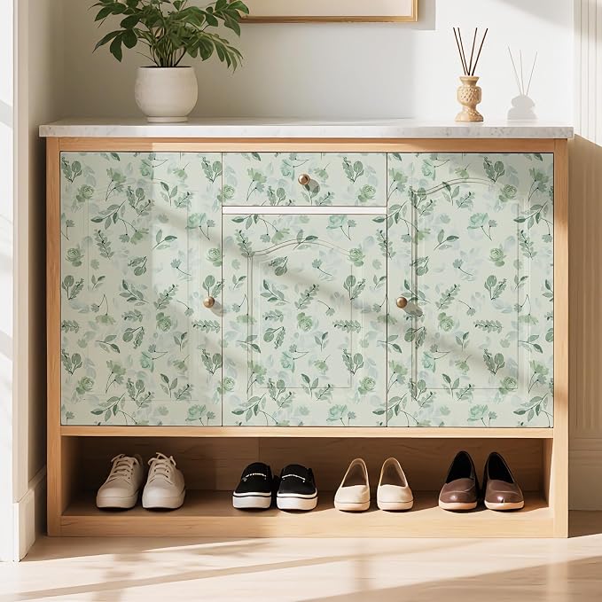 Sage Green Watercolor Floral Peel and Stick Wallpaper, 17.3" x 472" Removable & Waterproof Vinyl Wallpaper, Soft Pastel Flower Self-Adhesive Contact Paper for Nursery Bedroom Cabinets - Image 5