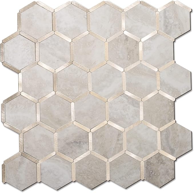 STICKGOO Hexagon Peel and Stick Backsplash Tile, Stick on Backsplash for Kitchen and Bathroom, Beige Marble Look PVC Mixed Metal Gold Self Adhesive Wall Tiles(6 Sheets, Seamless) by STICKGOO