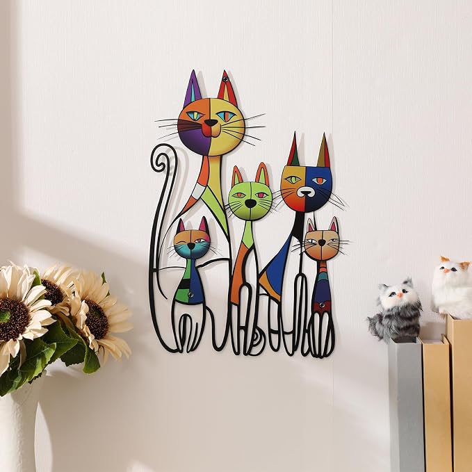 Wesiti Cat Wall Art Metal Sculpture, Colorful Mid Century 10.6x15.7 Inch | Iron Metal Wall Decor for Cat Lovers, Retro Geometric Art Design, Ideal for Living Room Bedroom Office - Image 4