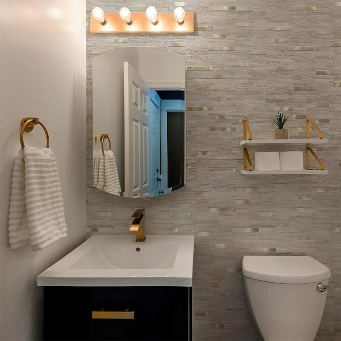 StyloVue 2 Sheets Kitchen Peel and Stick Backsplash Tiles, Beige with Metal Gold Look Stick on Backsplash for Kitchen, RV, Fireplace - Image 3