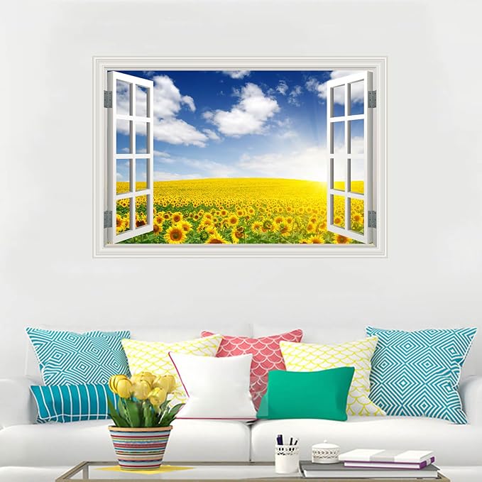 Fake Window Wall Mural Sticker -Summer Sunrise Green Grassland Flower Decal | Faux Window Natural Scenery Landscape Decorations｜Stick and Peel Art Decals｜Room Bedroom Office Scene Picture Decor｜24"x16" - Image 2