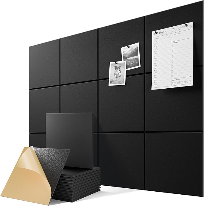 6 Pack Self-Adhesive Sound Proof Foam Panels for Walls 12"x12"x0.4" Fabric | High-Density Acoustic Panels, Noise Reducing Soundproof Wall Panels for Home Studio, 36" x 24" Felt Bulletin Board Black by Lebenforce