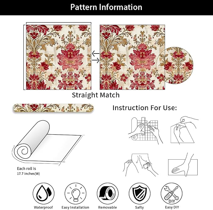 18"x236" Classical Beige Red Damask Flower Retro Peel and Stick Self Adhesive Wallpaper Removable Contact Paper Stick on Easy Peel Off Wall Paper for Kitchen Bedroom Bathroom Renter - Image 7