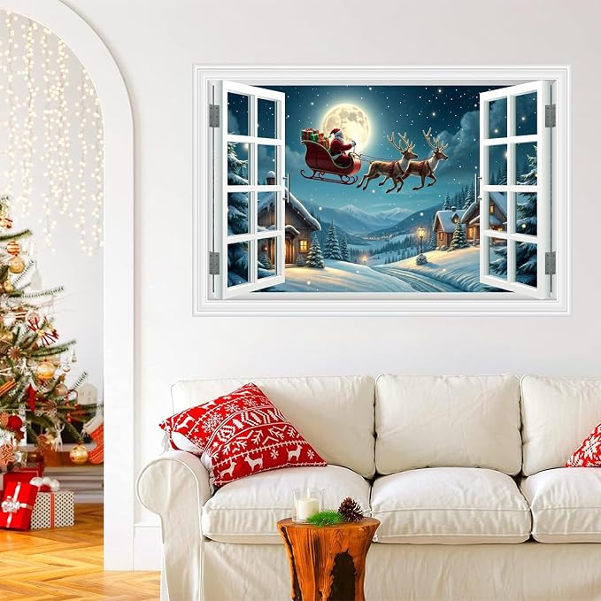 Fake Window Wall Decal - Christmas Night Santa Carry Gifts on The Roof | ｜Faux Window Merry Christmas Wall Art Mural ｜ Stick and Peel Wall Decals｜for Xmas Room Bedroom Office Scene Decor｜24"x16" - Image 4