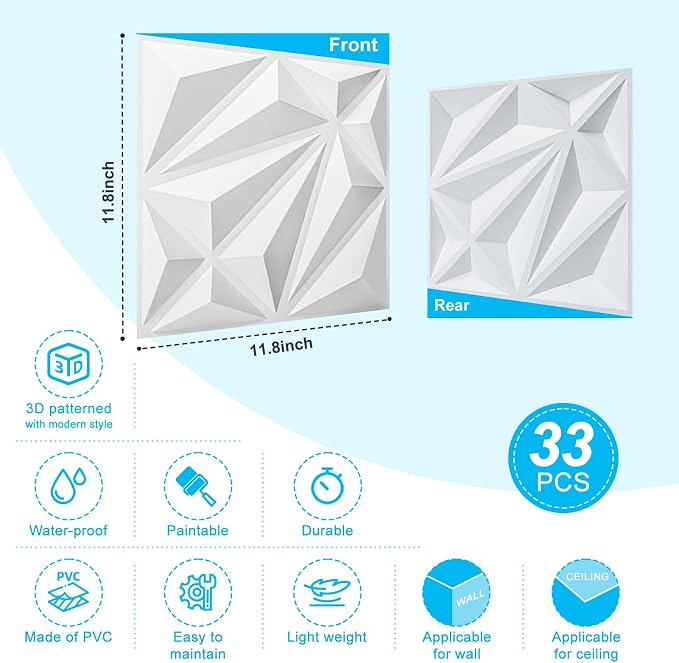 Art3d Diamond Textured 3D Wall Panels, 11.8 x 11.8 in, 33-Pack, White | PVC, Decorative, Stain Proof, Wipeable, Trimmable, Ideal for Living Room, Bedroom, Office and TV Background Walls - Image 5