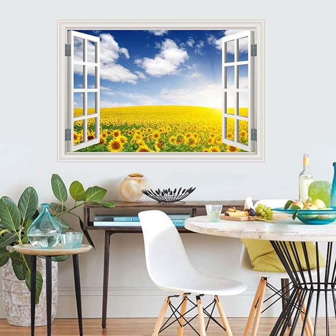 Fake Window Wall Mural Sticker -Summer Sunrise Green Grassland Flower Decal | Faux Window Natural Scenery Landscape Decorations｜Stick and Peel Wall Decals｜Room Bedroom Office Decor｜48"x32"Set of 2 Sheets - Image 7