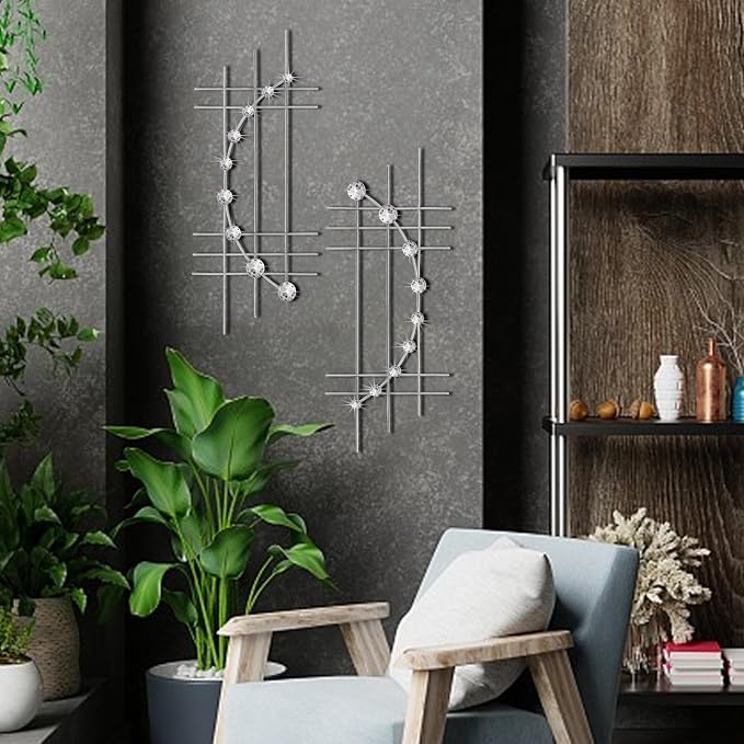 ZEXUIRU 2 Pcs Abstract Metal Art for Wall Decor Living Room Bedroom Bathroom Office Metal Bling Modern Geometric Hanging Vertical Small Iron Sculpture Plaque Pack -Silver 24in - Image 7